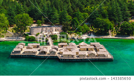 Elevated View of Bay of Bones Museum on Lake Ohrid 143385650
