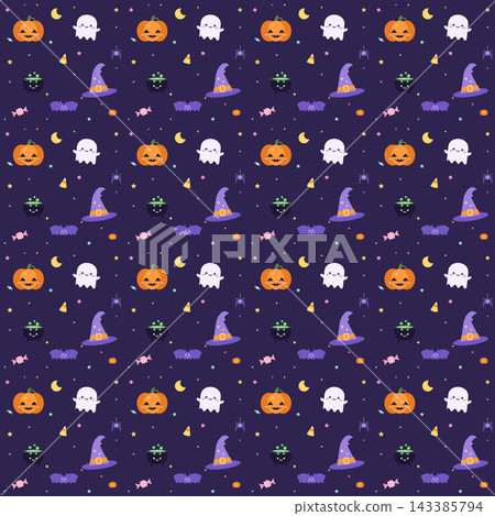 Seamless cute Halloween pattern with a jack-o-lantern pumpkin, ghost, witch hat, cauldron, bat, candy and spider on a dark purple background Seamless cute Halloween pattern with a jack-o-lantern pumpkin, ghost, witch hat, cauldron, bat, candy and spider on a dark purple background 143385794