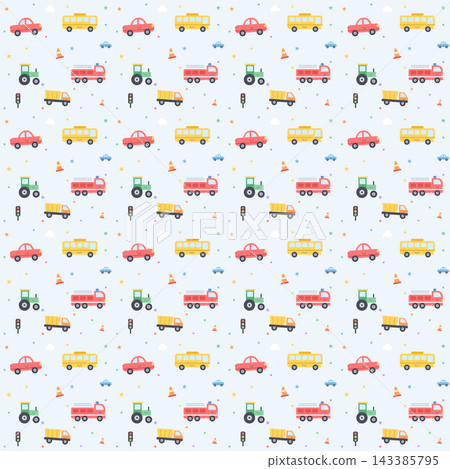 Seamless cute kawaii vehicle pattern with a car, bus, fire truck, tractor, dump truck, traffic cones and traffic lights on a light blue background Seamless cute kawaii vehicle pattern with a car, bus, fire truck, tractor, dump truck, traffic cones and traffic lights on a light blue background 143385795