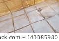 A stained tile floor surrounds a metal drain near a grimy mold covered wall 143385980