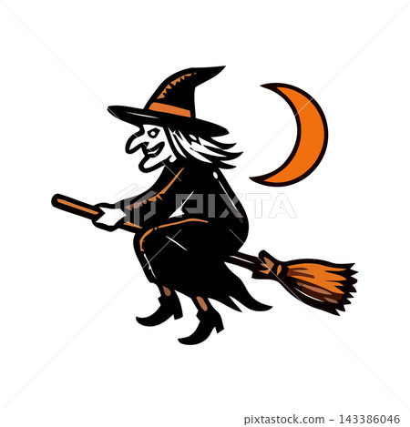 A cartoon illustration of a witch flying on a broomstick against a crescent moon background, perfect for Halloween themes. A cartoon illustration of a witch flying on a broomstick against a crescent moon background, perfect for Halloween themes. 143386046