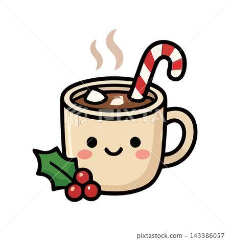 Adorable kawaii style hot chocolate mug with marshmallow, candy cane, and holly berry garnish. 143386057