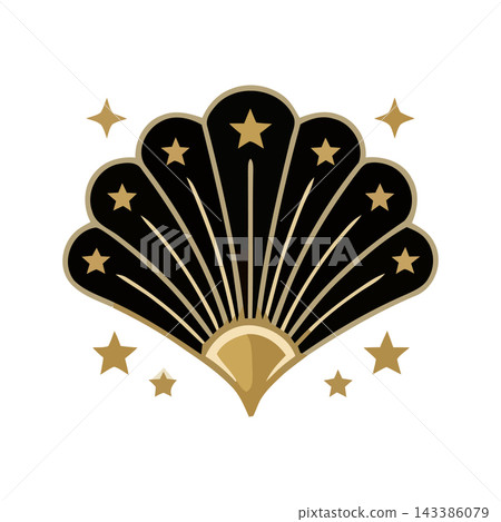 Elegant Art Deco fan shape with golden stars on a white background, symbolizing celebration and glamour. Elegant Art Deco fan shape with golden stars on a white background, symbolizing celebration and glamour. 143386079