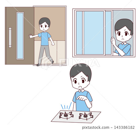 A set of three illustrations showing points to check immediately after an earthquake (male). A set of three illustrations showing points to check immediately after an earthquake (male). 143386182