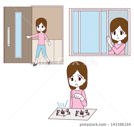 一組三幅插圖,顯示地震後應立即檢查的要點(女性版)。 一組三幅插圖,顯示地震後應立即檢查的要點(女性版)。 143386184