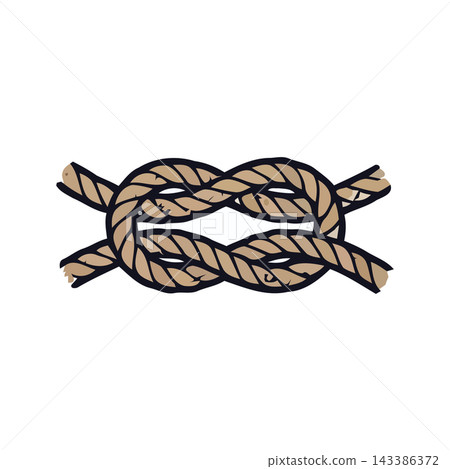 A detailed illustration of a double figure eight knot, expertly tied with coarse, natural-colored rope against a clean white background. A detailed illustration of a double figure eight knot, expertly tied with coarse, natural-colored rope against a clean white background. 143386372