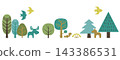 A decorative line of trees and animals in a green forest. 143386531