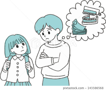 A two-color illustration of a mother and elementary school girl, both worried about their child's orthodontic treatment and the associated costs, with speech bubbles and a hand-drawn, stylized (small) illustration. A two-color illustration of a mother and elementary school girl, both worried about their child's orthodontic treatment and the associated costs, with speech bubbles and a hand-drawn, stylized (small) illustration. 143386568