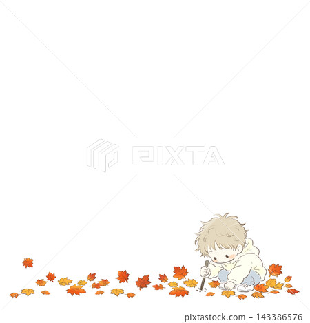 Autumn line art featuring toddlers playing with a stick, poking the ground among fallen leaves. Autumn line art featuring toddlers playing with a stick, poking the ground among fallen leaves. 143386576