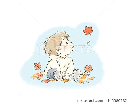A small illustration of a toddler gazing at falling autumn leaves. A small illustration of a toddler gazing at falling autumn leaves. 143386582
