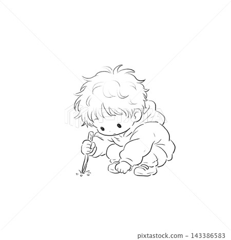 A hand-drawn line drawing of a toddler playing by poking the ground with a stick. A hand-drawn line drawing of a toddler playing by poking the ground with a stick. 143386583
