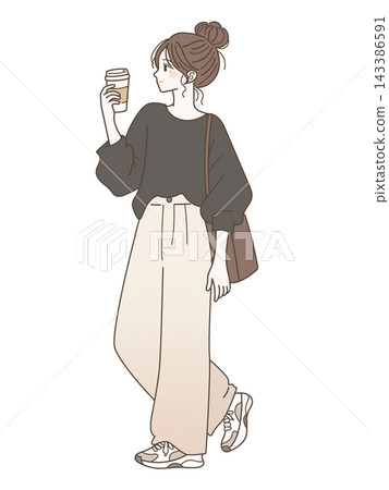 一位時尚女性手捧一杯咖啡漫步的插圖。 一位時尚女性手捧一杯咖啡漫步的插圖。 143386591