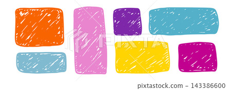 Hand drawn crayon text box frame set. Colored brush stroke doodle border collection. Rough texture edge rectangle or square shapes. Vector pastel chalk sketch scribbles for sticker, patch, label Hand drawn crayon text box frame set. Colored brush stroke doodle border collection. Rough texture edge rectangle or square shapes. Vector pastel chalk sketch scribbles for sticker, patch, label 143386600