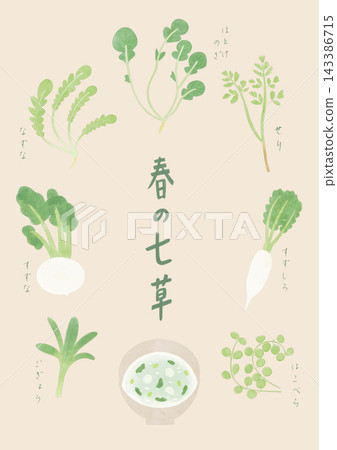 Watercolor-style illustration of the seven spring herbs and seven-herb rice porridge. Watercolor-style illustration of the seven spring herbs and seven-herb rice porridge. 143386715