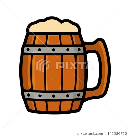 A stylized cartoon illustration of a wooden beer mug brimming with frothy beer, isolated on a white background. A stylized cartoon illustration of a wooden beer mug brimming with frothy beer, isolated on a white background. 143386750