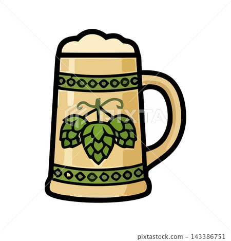 Stylized illustration of a beer stein featuring hop cones, perfect for Oktoberfest and craft beer themes. Stylized illustration of a beer stein featuring hop cones, perfect for Oktoberfest and craft beer themes. 143386751