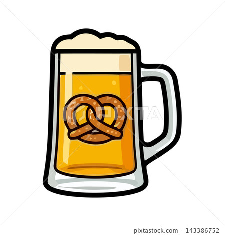 A cartoon illustration of a beer mug with a pretzel inside, symbolizing a refreshing beverage and snack. A cartoon illustration of a beer mug with a pretzel inside, symbolizing a refreshing beverage and snack. 143386752