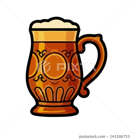 A stylized, vintage beer mug filled with amber ale and topped with frothy foam, featuring an ornate, decorative pattern. A stylized, vintage beer mug filled with amber ale and topped with frothy foam, featuring an ornate, decorative pattern. 143386753