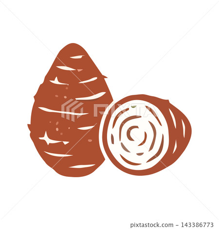 Stylized illustration of a whole sweet potato and a cross-section of another, rendered in a rustic, hand-drawn style. Stylized illustration of a whole sweet potato and a cross-section of another, rendered in a rustic, hand-drawn style. 143386773