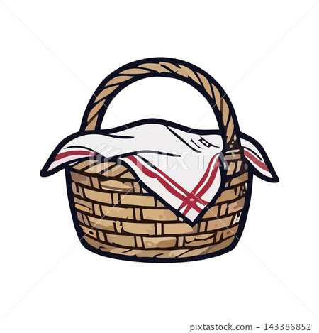 A charming woven picnic basket, lined with a red and white striped cloth, presented on a clean white background. A charming woven picnic basket, lined with a red and white striped cloth, presented on a clean white background. 143386852