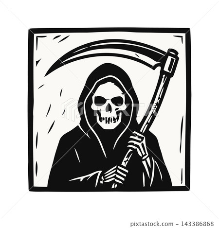 Stylized woodcut illustration of the Grim Reaper with a scythe, symbolizing death and Halloween. 143386868