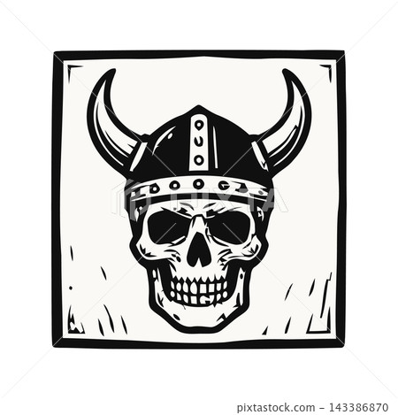 A stylized illustration of a skull wearing a horned Viking helmet, presented in a graphic, linocut style. A stylized illustration of a skull wearing a horned Viking helmet, presented in a graphic, linocut style. 143386870