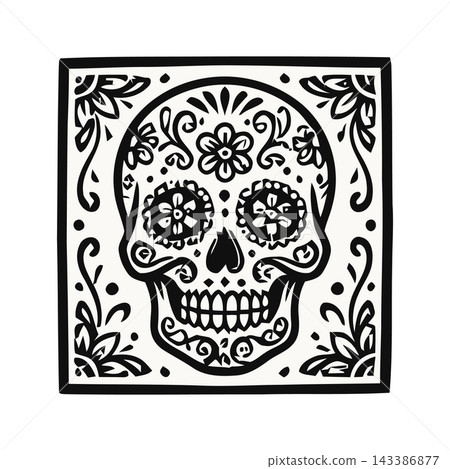 Intricate black and white sugar skull illustration with floral patterns, perfect for Day of the Dead themes. 143386877