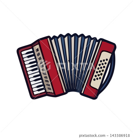 A charming illustration of a red accordion, a portable musical instrument, depicted against a clean white backdrop. A charming illustration of a red accordion, a portable musical instrument, depicted against a clean white backdrop. 143386918