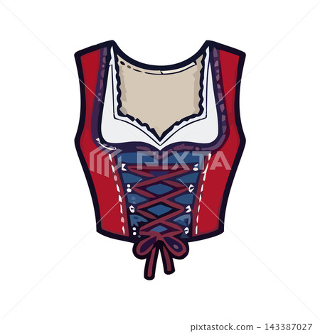 Stylized illustration of a red and blue Bavarian dirndl bodice, a classic Oktoberfest costume element. Stylized illustration of a red and blue Bavarian dirndl bodice, a classic Oktoberfest costume element. 143387027