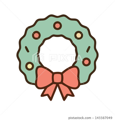 Simple and charming vector illustration of a Christmas wreath adorned with a red bow and small ornaments, perfect for holiday designs. 143387049