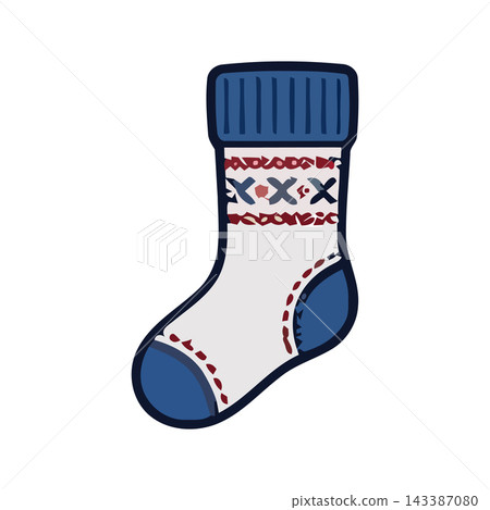 A charming, hand-drawn illustration of a cozy Christmas stocking featuring a festive Nordic-inspired pattern. A charming, hand-drawn illustration of a cozy Christmas stocking featuring a festive Nordic-inspired pattern. 143387080