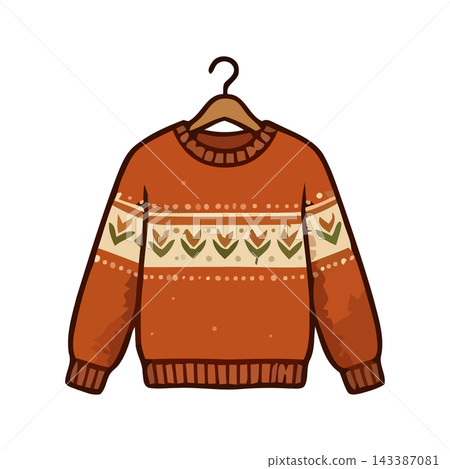 Hand-drawn illustration of a warm, orange knitted sweater with a folk-inspired floral design, perfect for fall. Hand-drawn illustration of a warm, orange knitted sweater with a folk-inspired floral design, perfect for fall. 143387081