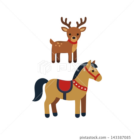 Charming vector illustration featuring a playful reindeer and a decorated horse, perfect for holiday and festive designs. Charming vector illustration featuring a playful reindeer and a decorated horse, perfect for holiday and festive designs. 143387085