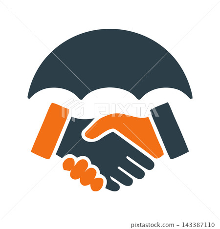 Icon of a handshake beneath an umbrella, symbolizing business partnership, agreement, trust, and protection. Icon of a handshake beneath an umbrella, symbolizing business partnership, agreement, trust, and protection. 143387110