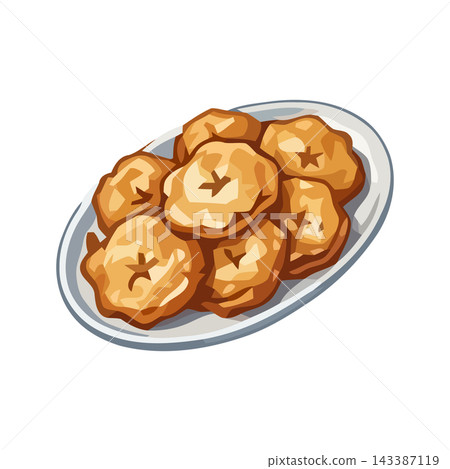 Illustration of delicious, golden-brown dried apple rings piled on a white plate, perfect for healthy snack concepts. Illustration of delicious, golden-brown dried apple rings piled on a white plate, perfect for healthy snack concepts. 143387119