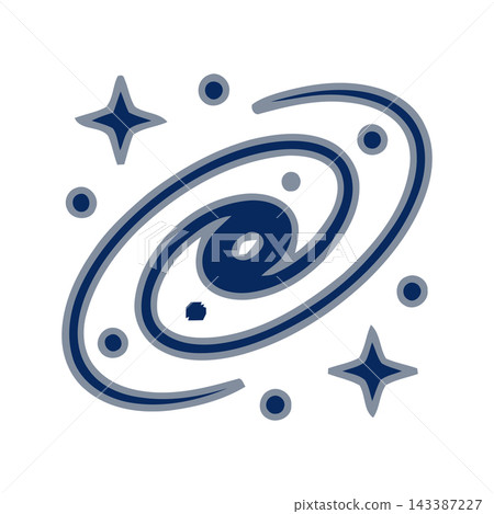 A minimalist, stylized icon representing a spiral galaxy with stars and planets, ideal for space or science themes. 143387227