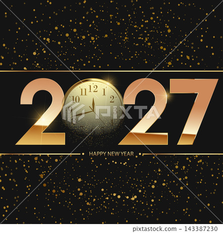 Golden Clock 2027 Happy New Year with Confetti Vector Golden Clock 2027 Happy New Year with Confetti Vector 143387230