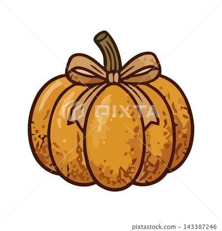 A charming illustration of a stylized orange pumpkin adorned with a light brown bow, symbolizing autumn and harvest. A charming illustration of a stylized orange pumpkin adorned with a light brown bow, symbolizing autumn and harvest. 143387246