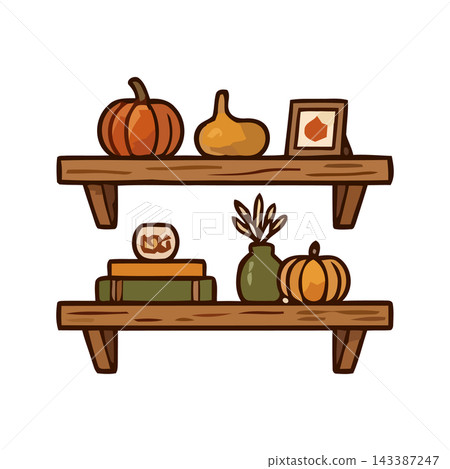 Charming illustration of two wooden shelves filled with seasonal autumn decor like pumpkins and books. 143387247