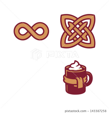 Collection of three distinct graphic elements: infinity, Celtic knot, and a warm drink. Collection of three distinct graphic elements: infinity, Celtic knot, and a warm drink. 143387258