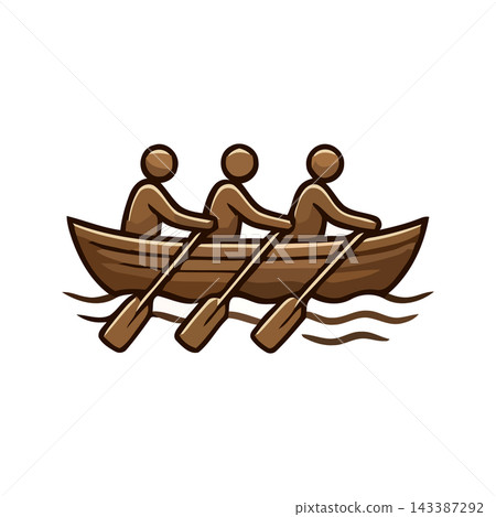Three people rowing a boat together in unison, symbolizing teamwork and cooperation. 143387292