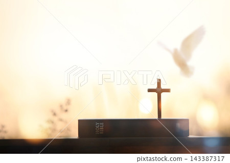 A background featuring the cross of Jesus Christ (symbolizing death and resurrection), a Bible, the dove of the Holy Spirit, prayer, and worship. A background featuring the cross of Jesus Christ (symbolizing death and resurrection), a Bible, the dove of the Holy Spirit, prayer, and worship. 143387317