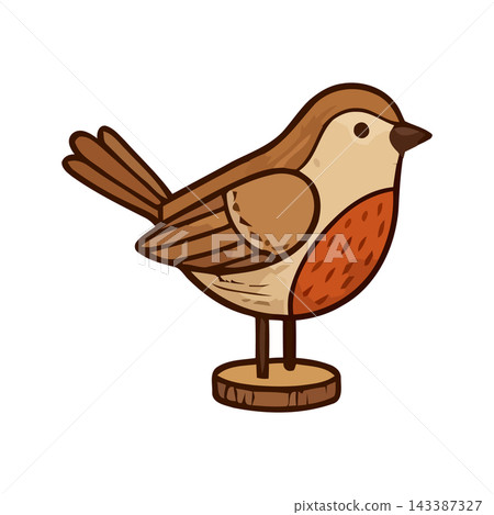 Charming illustration of a robin bird perched on a small wooden base, perfect for nature and craft themes. 143387327