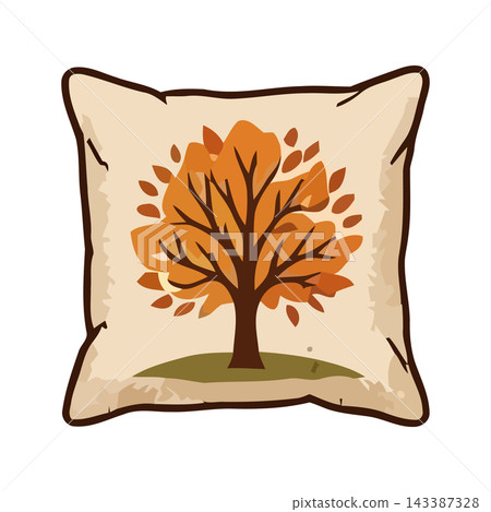 Cozy decorative pillow featuring a charming illustration of an autumn tree with vibrant orange leaves. Cozy decorative pillow featuring a charming illustration of an autumn tree with vibrant orange leaves. 143387328