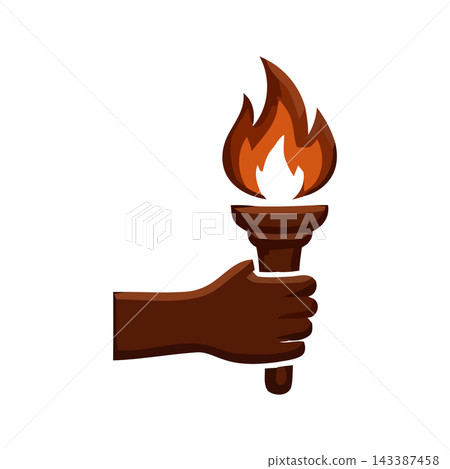 A dark-skinned hand firmly grips a flaming torch, symbolizing enlightenment, progress, and inspiration. A dark-skinned hand firmly grips a flaming torch, symbolizing enlightenment, progress, and inspiration. 143387458