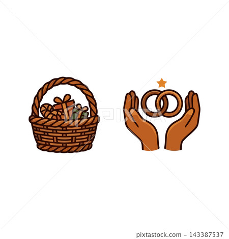 A woven basket filled with gifts next to hands holding wedding rings, symbolizing celebration and union. A woven basket filled with gifts next to hands holding wedding rings, symbolizing celebration and union. 143387537