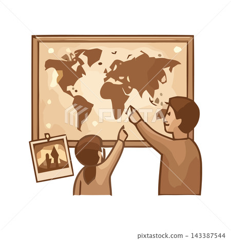 Children or adults studying a vintage world map, pointing at continents, indicating travel or learning. Children or adults studying a vintage world map, pointing at continents, indicating travel or learning. 143387544