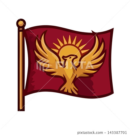 A stylized golden phoenix with outstretched wings and a sun emblem on a maroon flag, waving on a wooden pole. A stylized golden phoenix with outstretched wings and a sun emblem on a maroon flag, waving on a wooden pole. 143387701