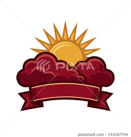 Stylized sun emerging from dark clouds, with a blank red ribbon banner for text. Versatile graphic resource. Stylized sun emerging from dark clouds, with a blank red ribbon banner for text. Versatile graphic resource. 143387704
