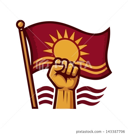 A powerful symbol of protest, a clenched fist rises with a flag featuring a sun and waves. 143387706